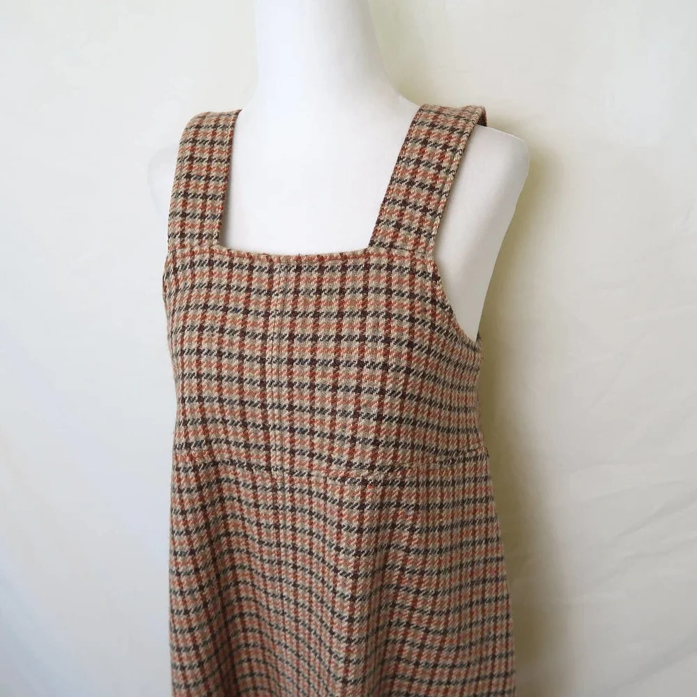 Vintage tan brown houndstooth plaid midi jumper overall dress S - Picture 2 of 7